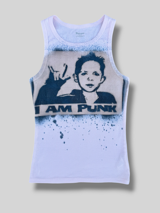 Bye Hollywood light pink ribbed knit tank top with "I AM PUNK" graphic and distressed navy blue spray paint effect.